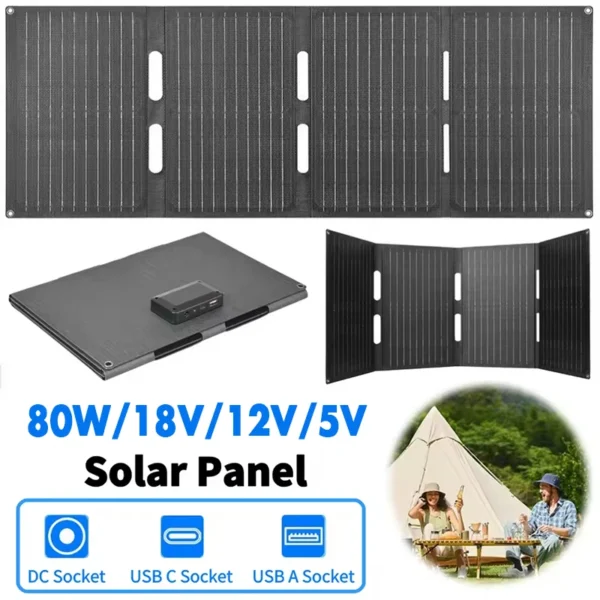 แผงโซลาร์เซลล์พับได้ 80W กันน้ำระดับ IP65 แผงโซลาร์เซลล์แบบพกพาสำหรับชาร์จโทรศัพท์มือถือ แล็ปท็อป เหมาะสำหรับการเดินป่า ตั้งแคมป์ และแบ็คแพ็ค 1