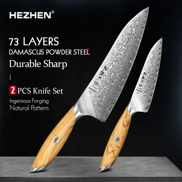HEZHEN 1PC หรือ 2PC ชุดมีด 73 ชั้นเหล็กดามัสกัสผงเหล็ก Core Sharp มีดครัว Olive ไม้ Handle ของขวัญกล่อง 1