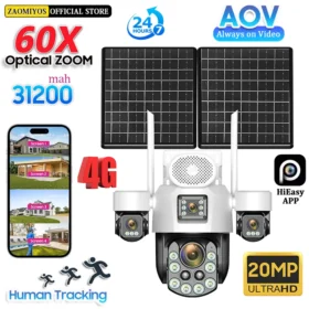 กล้องวงจรปิดพลังงานแสงอาทิตย์ ZAOMIYOS AOV สำหรับภายนอกอาคาร รองรับซิม 4G ติดตามอัตโนมัติ ซูมออปติคอล 60 เท่า หน้าจอ 4 นิ้ว ระบบรักษาความปลอดภัยภายในบ้าน บันทึกตลอด 24 ชั่วโมงทุกวัน 1