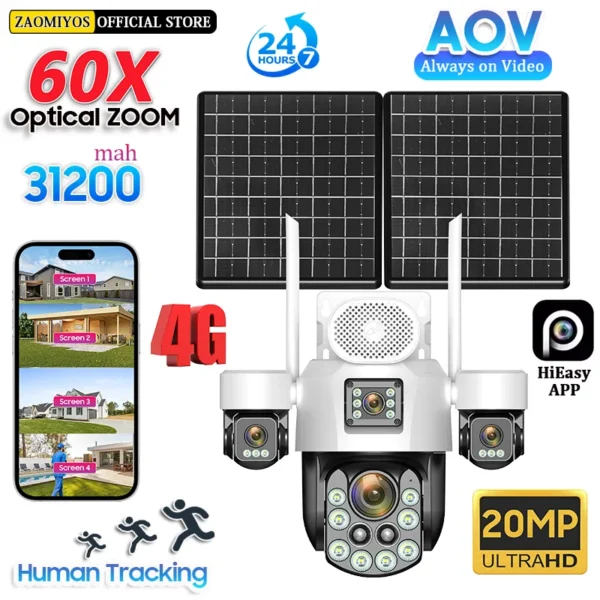 กล้องวงจรปิดพลังงานแสงอาทิตย์ ZAOMIYOS AOV สำหรับภายนอกอาคาร รองรับซิม 4G ติดตามอัตโนมัติ ซูมออปติคอล 60 เท่า หน้าจอ 4 นิ้ว ระบบรักษาความปลอดภัยภายในบ้าน บันทึกตลอด 24 ชั่วโมงทุกวัน 1
