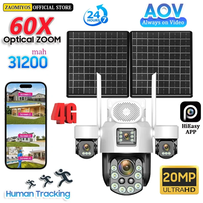 กล้องวงจรปิดพลังงานแสงอาทิตย์ ZAOMIYOS AOV สำหรับภายนอกอาคาร รองรับซิม 4G ติดตามอัตโนมัติ ซูมออปติคอล 60 เท่า หน้าจอ 4 นิ้ว ระบบรักษาความปลอดภัยภายในบ้าน บันทึกตลอด 24 ชั่วโมงทุกวัน 1