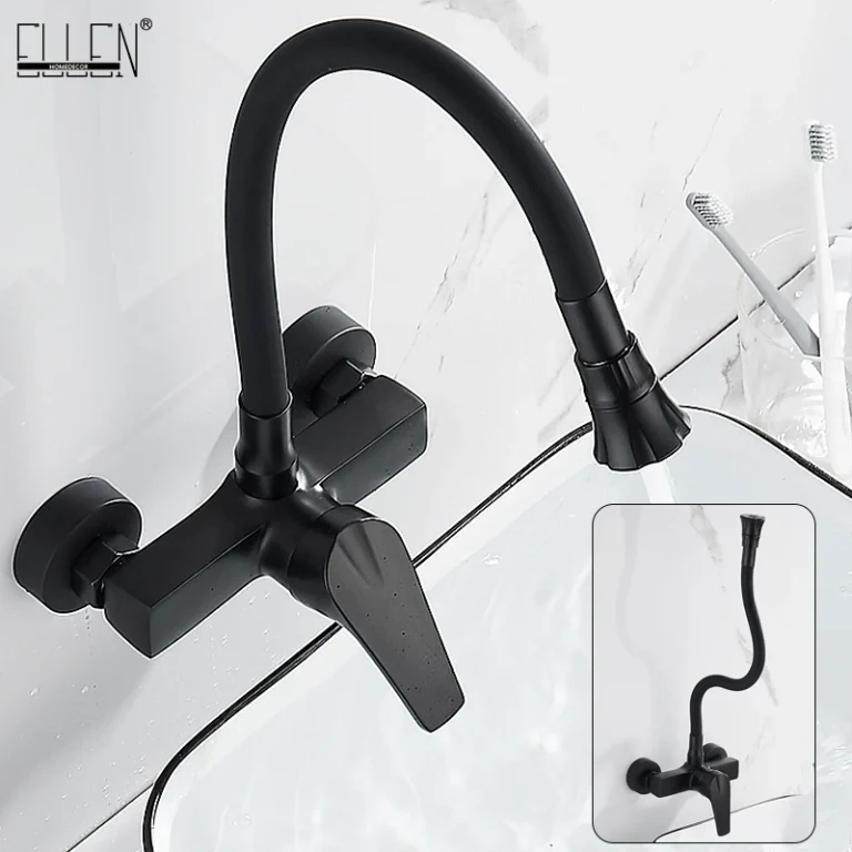 ELLEN Wall Mount ก๊อกน้ําอ่างล้างจานร้อนเย็นอ่างล้างจาน TAP 2 หลุมสีดําก๊อกน้ําหมุน 360 องศา ELK5400 1