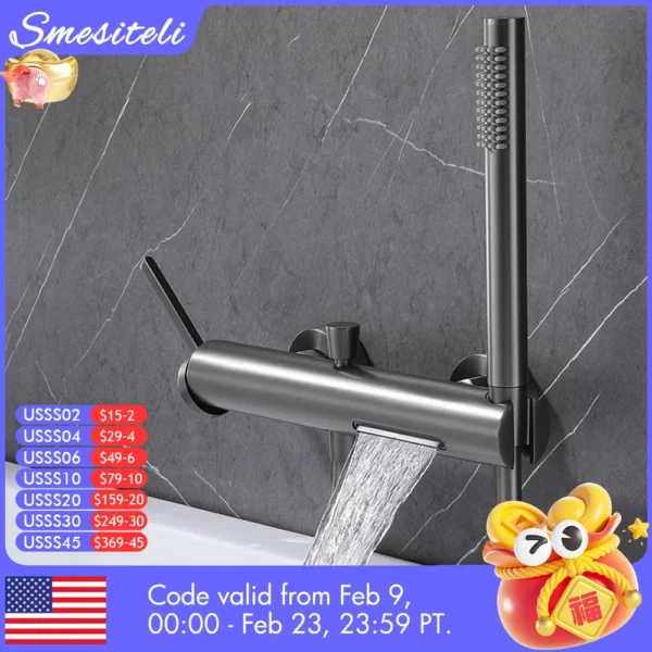 ชุดก๊อกน้ำฝักบัวอาบน้ำแบบติดผนัง สีทองขัดเงา/สีดำด้าน วัสดุทองเหลืองแท้ แบบน้ำตก น้ำร้อนน้ำเย็น สำหรับอ่างอาบน้ำ แบบ 2 หัวก๊อก 2 รู 1