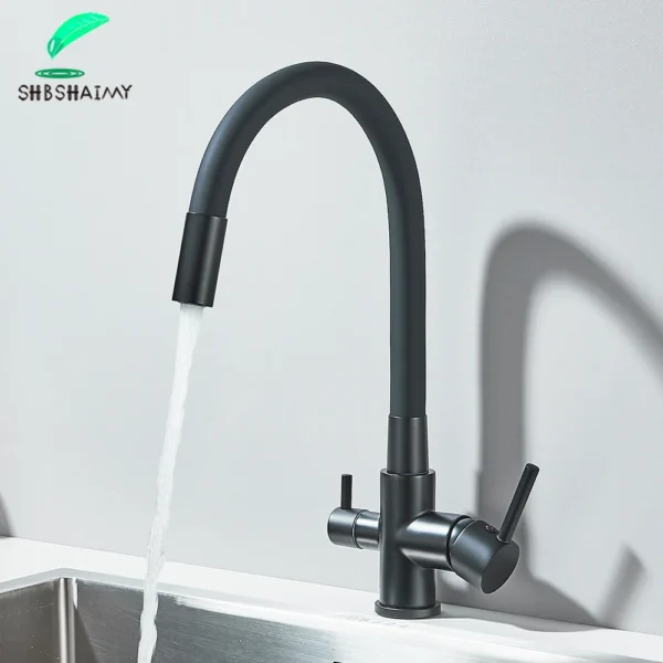สีดําน้ําบริสุทธิ์ก๊อกน้ําห้องครัวท่อยืดหยุ่น Daul จับเย็นน้ําร้อนผสมน้ําดื่มบริสุทธิ์กรองน้ําแตะหมุนก๊อก 1