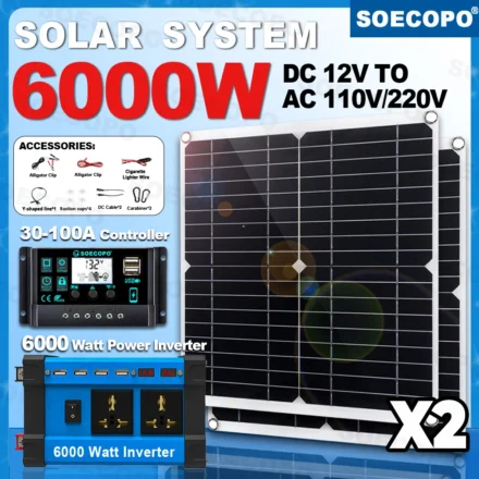 SOECOPO 6000W ชุดระบบพลังงานแสงอาทิตย์ 2*300W แผงพลังงานแสงอาทิตย์ 100A Controller Camping USB 5 V/1.5A DC 12 V - AC 110 V/220 V อินเวอร์เตอร์แผงบ้าน 1
