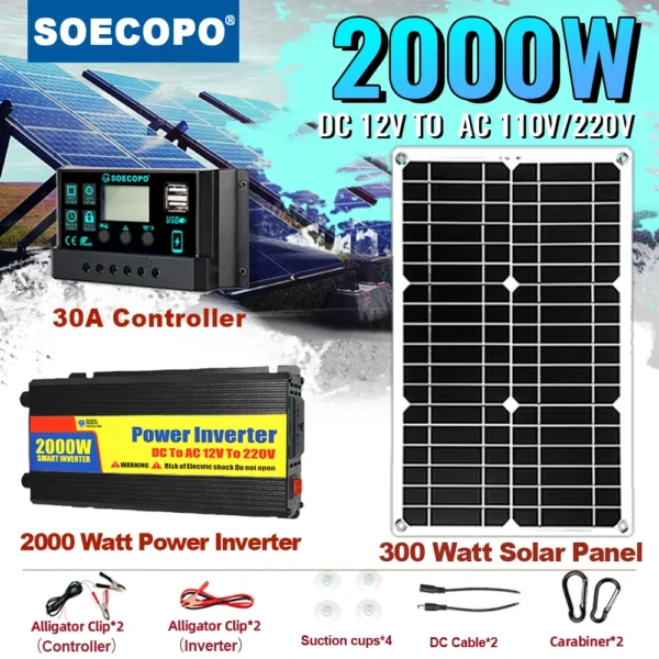 ชุดพลังงานแสงอาทิตย์ 2000W อินเวอร์เตอร์แผงพลังงานแสงอาทิตย์และ 30A Controller Complete ระบบสําหรับ DC 12V to AC 220V กลางแจ้ง Power Generation 1