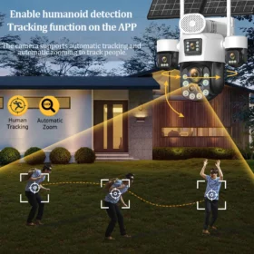 กล้องวงจรปิด AOV แบบสี่เลนส์ สำหรับภายนอกอาคาร ใช้พลังงานแสงอาทิตย์ ความละเอียด 20MP รองรับซิม 4G ซูมออปติคอล 60 เท่า ระบบรักษาความปลอดภัยบ้าน หมุนได้ ติดตามอัตโนมัติ บันทึกภาพตลอด 24 ชั่วโมงทุกวัน 5