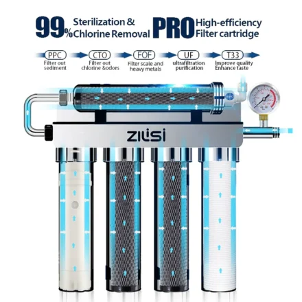 ห้องครัวเครื่องกรองน้ําแบบกรองอัลตร้าเครื่องกรองน้ําดื่มโดยตรงในครัวเรือน TapWater เครื่องกรองน้ําระบบกรองน้ําห้าขั้นตอน 1