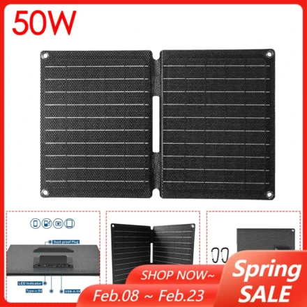 50W พับแผงพลังงานแสงอาทิตย์แบบพกพา ETFE Solar Charger เซลล์ Type-C/USB 5V สําหรับ Outdoor Camping Hiking ชาร์จโทรศัพท์ 1
