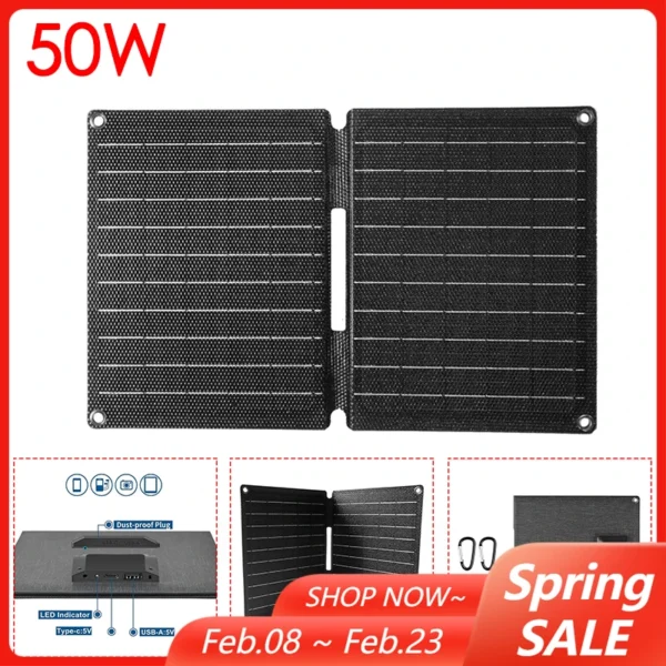 50W พับแผงพลังงานแสงอาทิตย์แบบพกพา ETFE Solar Charger เซลล์ Type-C/USB 5V สําหรับ Outdoor Camping Hiking ชาร์จโทรศัพท์ 1
