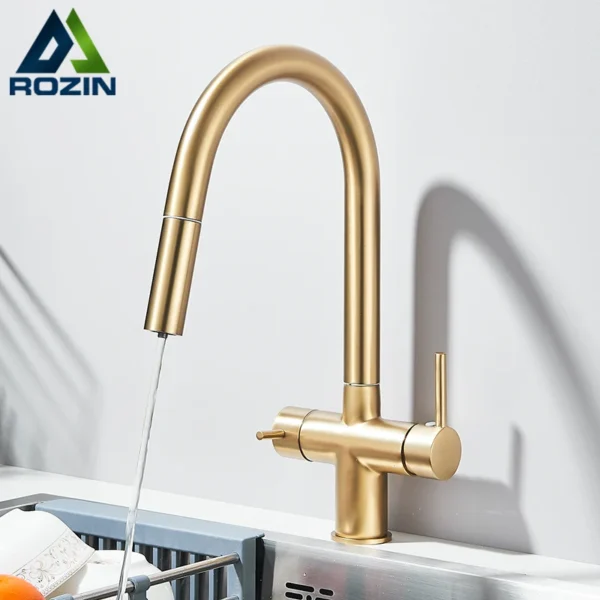 เครื่องกรองน้ำบริสุทธิ์แบบ2 in 1สแตนเลสที่จับแบบคู่ก๊อกน้ำสำหรับห้องครัวยืดหยุ่นได้ก๊อกน้ำสำหรับห้องครัว 1