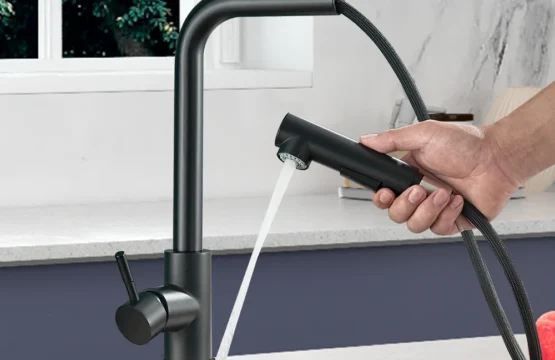 ก๊อกน้ำอ่างล้างจานแบบดึงออกได้สีดำหัวฉีดพ่นกระแสสองรุ่นทำจากสเตนเลสสตีลร้อนเย็น Wate Mixer TAP DECK 1