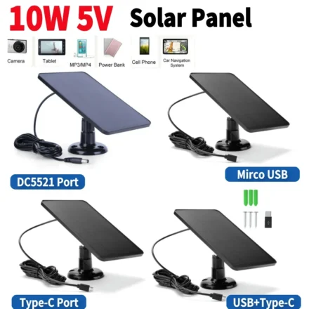 ชุดแผงโซลาร์เซลล์แบบโมโนคริสตัลไลน์ 10W 5V พร้อมที่ชาร์จกล้องวงจรปิดแบบ Type-C DC5521 ติดผนัง IPX6 สำหรับกล้องอัจฉริยะแบบ Doorbell 1