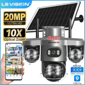 กล้อง LS VISION V380 Pro ซูมออปติคอล 10 เท่า กล้องโซลาร์เซลล์ 4G Wifi ภายนอกอาคาร 20MP สี่เลนส์ 3 หน้าจอ CCTV PIR ตรวจจับมนุษย์ กล้องรักษาความปลอดภัย 1
