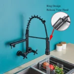 ติดผนังก๊อกน้ำห้องครัวฤดูใบไม้ผลิมือถือSpoutร้อนเย็นน้ำKitchen Tap MatteสีดำดึงRoationอ่างล้างจานTapเครน 4