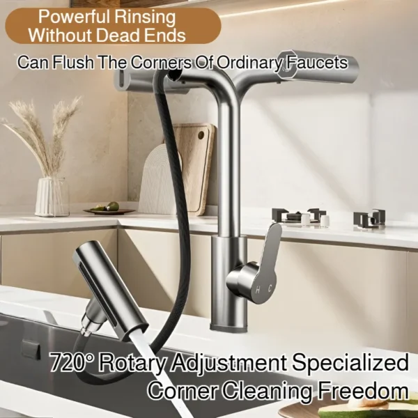 ก๊อกน้ำห้องครัวแบบดึงลง 4 ฟังก์ชั่น หัวฉีดแบบน้ำตกทันสมัย โค้งสูง ทำจากทองเหลือง ปราศจากสารตะกั่ว ปรับได้ 1/2/4 โหมด ยืดหดได้ 1