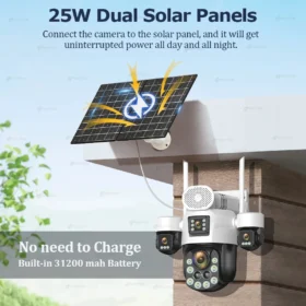 กล้องวงจรปิด AOV แบบสี่เลนส์ สำหรับภายนอกอาคาร ใช้พลังงานแสงอาทิตย์ ความละเอียด 20MP รองรับซิม 4G ซูมออปติคอล 60 เท่า ระบบรักษาความปลอดภัยบ้าน หมุนได้ ติดตามอัตโนมัติ บันทึกภาพตลอด 24 ชั่วโมงทุกวัน 4