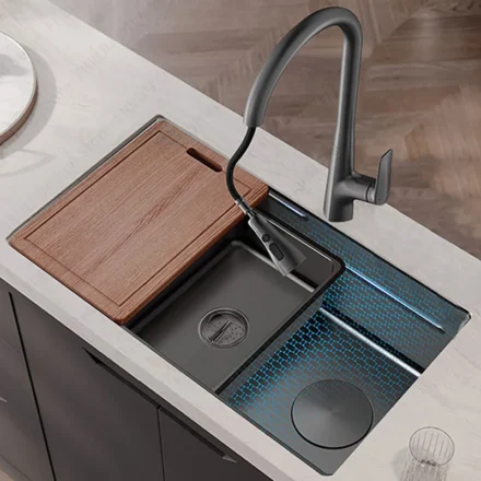 มัลติฟังก์ชั่นอ่างล้างจานรังผึ้งลายนูนชามผักหนา Handmade อ่างล้างจานสแตนเลสล้าง/ตัด/ท่อระบายน้ําในหนึ่งชุดเต็ม 1