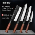 HEZHEN 1-4PC ชุดมีดครัวหั่นสแตนเลสเหล็กคอมโพสิต Chef Santoku Nakiri ยูทิลิตี้ไม้สีแดง Handle ของขวัญกล่อง 1