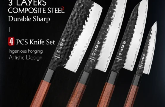 HEZHEN 1-4PC ชุดมีดครัวหั่นสแตนเลสเหล็กคอมโพสิต Chef Santoku Nakiri ยูทิลิตี้ไม้สีแดง Handle ของขวัญกล่อง 1