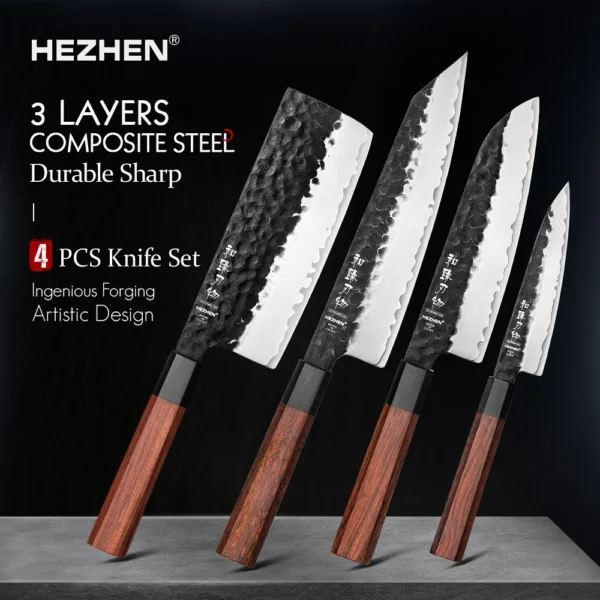 HEZHEN 1-4PC ชุดมีดครัวหั่นสแตนเลสเหล็กคอมโพสิต Chef Santoku Nakiri ยูทิลิตี้ไม้สีแดง Handle ของขวัญกล่อง 1