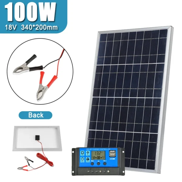 แผงโซลาร์เซลล์ 100W กรอบอลูมิเนียม โพลีคริสตัลไลน์ซิลิคอน สำหรับชาร์จโทรศัพท์มือถือ อุปกรณ์อิเล็กทรอนิกส์กลางแจ้ง ใช้ในบ้าน ชาร์จไฟฉุกเฉิน 1