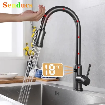 ก๊อกน้ำอ่างล้างจานแบบดิจิตอลสีเทา พร้อมหัวฉีดแบบดึงลง ก๊อกผสมน้ำร้อนน้ำเย็นแบบสัมผัสสำหรับห้องครัว 1