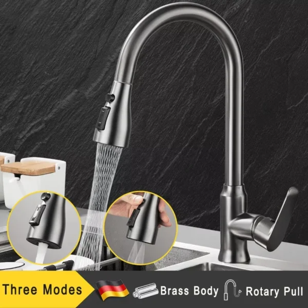 ก๊อกน้ำอ่างล้างจานแบบดึงออกได้ สีเงิน ทำจากทองเหลืองหนา หัวฉีดแบบสเปรย์สามรูปแบบ  วัสดุสแตนเลส  ผสมน้ำร้อนน้ำเย็น 1