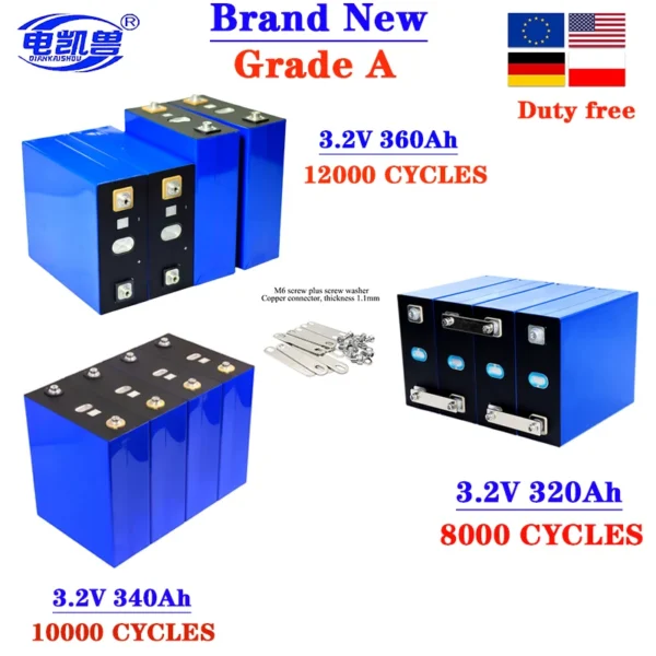 แบตเตอรี่ LiFePO4 3.2V แบบชาร์จได้ 360Ah 340ah 320Ah เหมาะสำหรับระบบพลังงานแสงอาทิตย์ DIY 12V 24V 48V สำหรับรถบ้าน เรือ ไม่มีภาษี 1