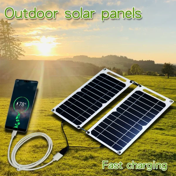 Fast CHARGING Dual แผงพลังงานแสงอาทิตย์เดินป่าตั้งแคมป์ USB 5V กันน้ําโทรศัพท์มือถือแบบพกพา Power Bank ชาร์จพับที่ถอดออกได้ 1