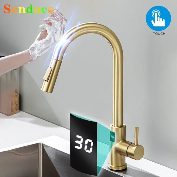 Touch ก๊อกน้ําห้องครัวดิจิตอลแปรงทองร้อนเย็นอ่างล้างจานแตะสแตนเลสสมาร์ทดิจิตอล Touch บนก๊อกน้ําห้องครัว 1