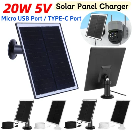20W 5V Shingled Solar Panel Micro USB & USB-C Port Solar Panel Charger IP65 Waterproof Solar Charging Panel for Security Camera 1