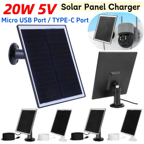20W 5V Shingled Solar Panel Micro USB & USB-C Port Solar Panel Charger IP65 Waterproof Solar Charging Panel for Security Camera 1