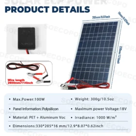 แผงโซลาร์เซลล์ 100 วัตต์ พร้อมคลิปหนีบแบตเตอรี่ 18 โวลต์ แบบพกพา ชาร์จแบตเตอรี่รถยนต์/รถบ้าน/เรือ/สถานีไฟฟ้า 12 โวลต์ ได้โดยตรง 4