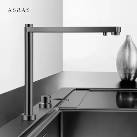 ASRAS ก๊อกน้ําห้องครัวยกสีดําแปรงน้ําร้อนและน้ําเย็น + กรองน้ําสาม-in-one แตะสวิตช์อิสระสําหรับอ่างล้างจานที่ซ่อนอยู่ 1