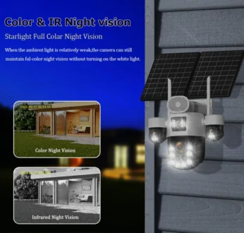 กล้องวงจรปิดพลังงานแสงอาทิตย์ 4 เลนส์ รองรับซิม 4G ซูมออปติคอล 60 เท่า ติดตามบุคคล ใช้งานกลางแจ้ง แบตเตอรี่ 31200 มิลลิแอมป์ บันทึก 24 ชั่วโมง กล้องรักษาความปลอดภัยแบบ IP 5