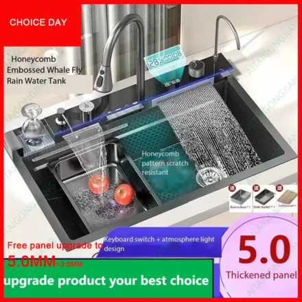 อ่างน้ำตกคู่ขนาด5.0มม. อ่างล้างจานสแตนเลสลายนูนอ่างล้างจานแบบดิจิตอลช่องเดี่ยวขนาดใหญ่อ่างล่างหน้าบ่อล้างจาน 1