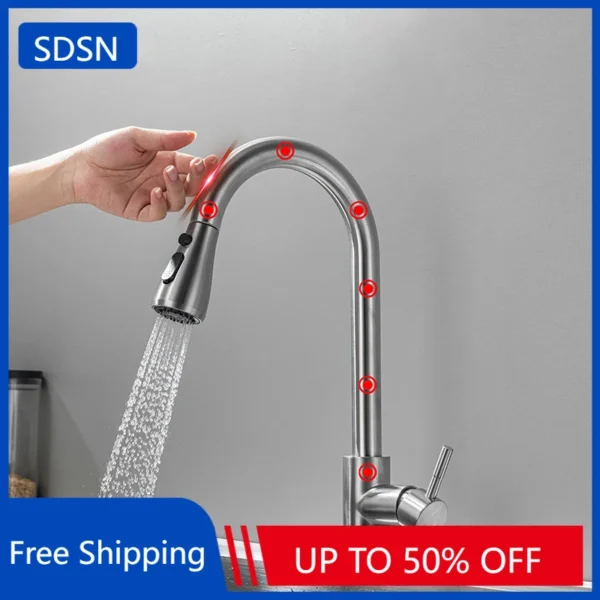 แปรงนิกเกิล Touch บนอ่างล้างจานก๊อกน้ําอุปกรณ์เสริมร้อนเย็นดึงออกอ่างล้างจาน Tap สมาร์ท Touch ก๊อกน้ําห้องครัว 1