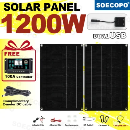 ชุดแผงโซลาร์เซลล์ SOECOPO 1200W แบบพกพา 2 แผง 12V - 18V แผงเซลล์แสงอาทิตย์ แถมฟรีคอนโทรลเลอร์ 100A ช่อง USB 5V สำหรับชาร์จอุปกรณ์ตั้งแคมป์ 1