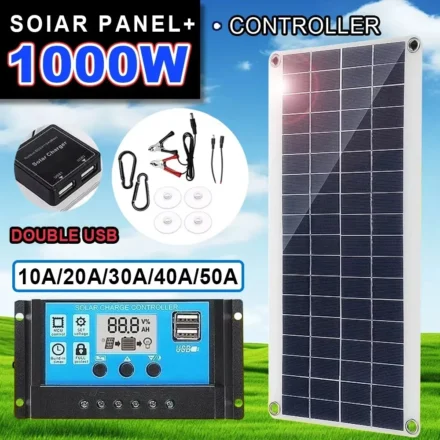 1000W แผงพลังงานแสงอาทิตย์ 12V Solar Cell 10A-100A Controller แผ่นพลังงานแสงอาทิตย์ชุดสําหรับโทรศัพท์ RV รถ Caravan Home Camping กลางแจ้งแบตเตอรี่ 1