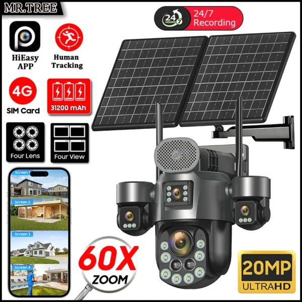 กล้องวงจรปิด 4G SIM พลังงานแสงอาทิตย์ PTZ  บันทึกภาพสี่จอ AOV บันทึกตลอด 24 ชั่วโมง แบตเตอรี่ 31200mah สำหรับภายนอกอาคาร ซูมออปติคอล 60 เท่า ติดตามอัตโนมัติ 1