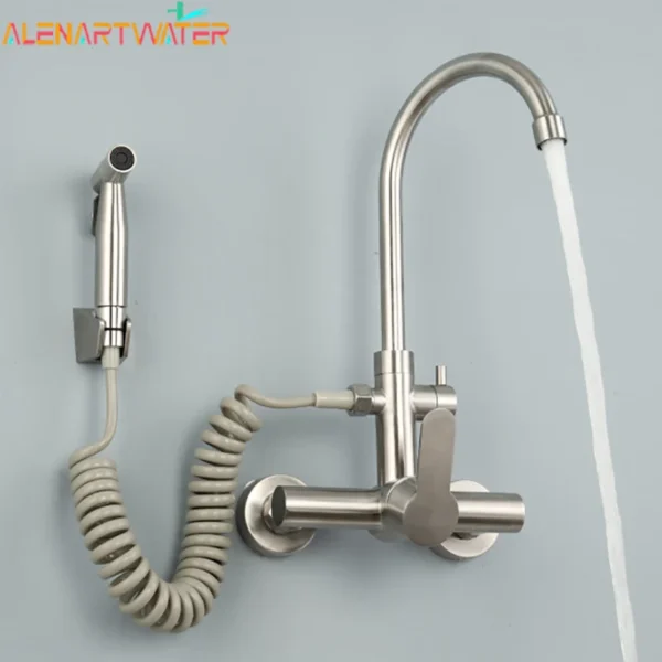 Alenartwater สแตนเลสสองหลุมติดผนังก๊อกน้ําร้อนและเย็นพร้อมเครื่องพ่นสารเคมีระเบียงก๊อกน้ําห้องครัวหมุน 1