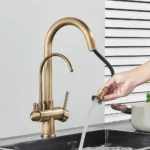 ทองเหลืองโบราณน้ำกรองก๊อกน้ำห้องครัว Dual Handle ร้อนเย็นเครื่องกรองน้ำดื่มก๊อกน้ำดึง Purification คุณลักษณะก๊อก 3