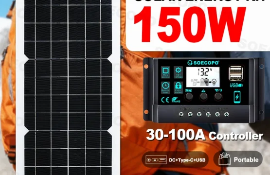 ชุดแผงโซลาร์เซลล์โมโนคริสตัลไลน์ SOECOPO 150W พร้อมตัวควบคุม LCD 30-100A สำหรับการตั้งแคมป์/รถบ้าน/ไฟฉุกเฉิน 1