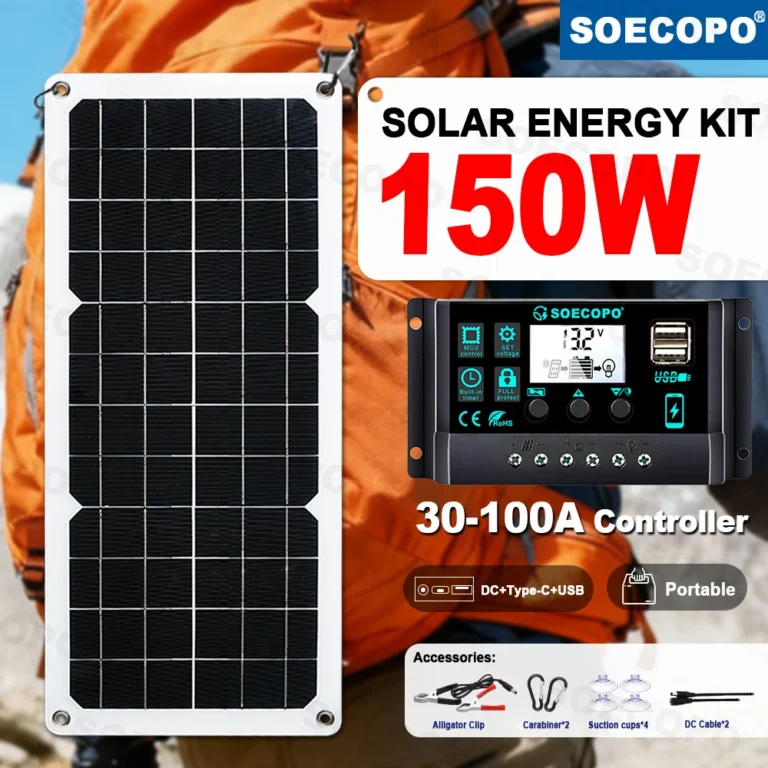 ชุดแผงโซลาร์เซลล์โมโนคริสตัลไลน์ SOECOPO 150W พร้อมตัวควบคุม LCD 30-100A สำหรับการตั้งแคมป์/รถบ้าน/ไฟฉุกเฉิน 1