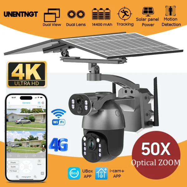 UNENTGT 8MP 50x ซูมพลังงานแสงอาทิตย์กล้องรักษาความปลอดภัยไร้สาย Dual เลนส์บันทึกวิดีโอ PTZ กลางแจ้ง Cam 4G SIM/WIFI สี Night Vision 1