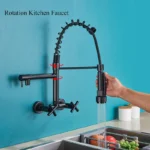 ติดผนังก๊อกน้ำห้องครัวฤดูใบไม้ผลิมือถือSpoutร้อนเย็นน้ำKitchen Tap MatteสีดำดึงRoationอ่างล้างจานTapเครน 3