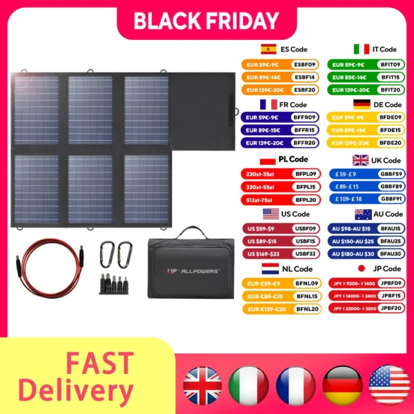 แผงโซลาร์เซลล์พกพา ALLPOWERS รุ่น SP026 ขนาด 60 วัตต์ แบบพับได้ สำหรับชาร์จแบตเตอรี่แล็ปท็อป โทรศัพท์มือถือ ใช้สำหรับตั้งแคมป์ ขี่รถ ใช้กับสถานีไฟฟ้า RV 1