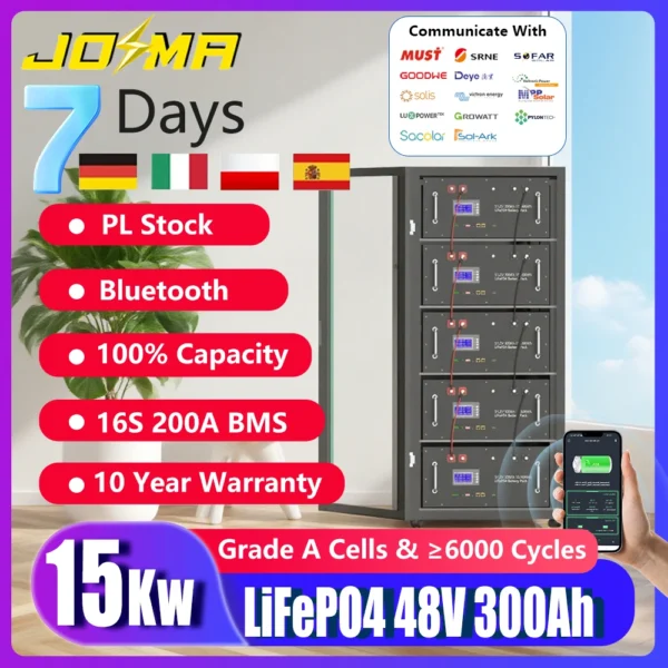 EU สต็อก 48V 300Ah LiFePO4 แบตเตอรี่ Active Equalizer 15Kwh 100Ah 120Ah 200Ah 150Ah 6000 รอบ RS485 สามารถ Home Energy Storage 1