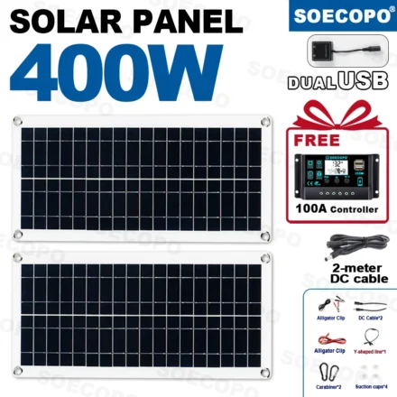 ชุดแผงโซลาร์เซลล์ SOECOPO 400W แบบพับได้ 2 แผง 18V สำหรับตั้งแคมป์ มาพร้อมคอนโทรลเลอร์ 100A ฟรี และพอร์ต USB 5V สำหรับการชาร์จที่ง่ายดาย 1